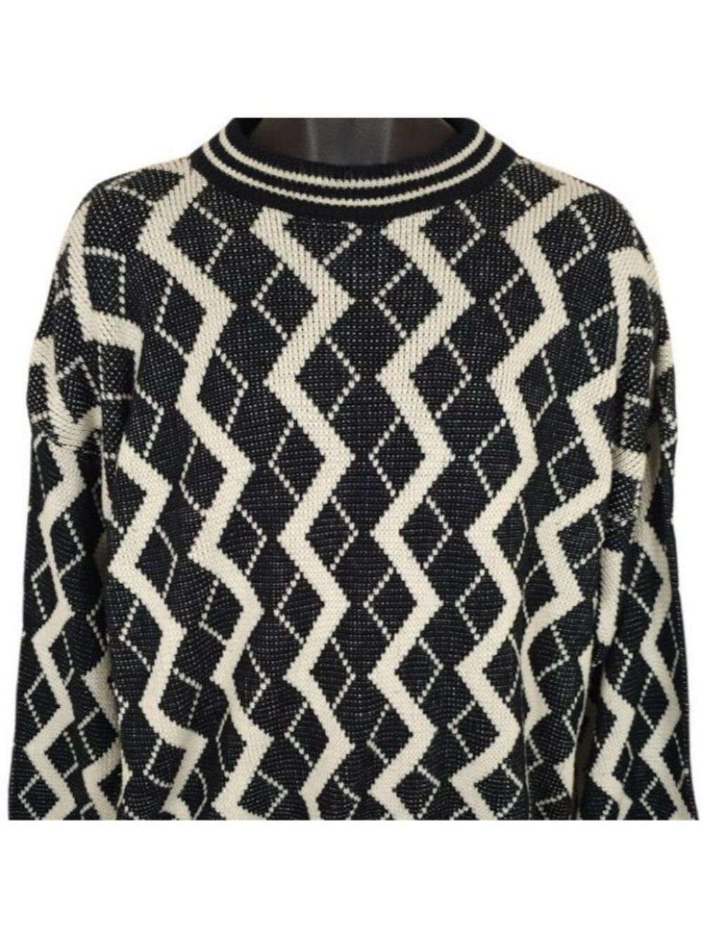Vintage Zig Zag Geometric Sweater Mens Size XL Black White 80s  Made In Korea